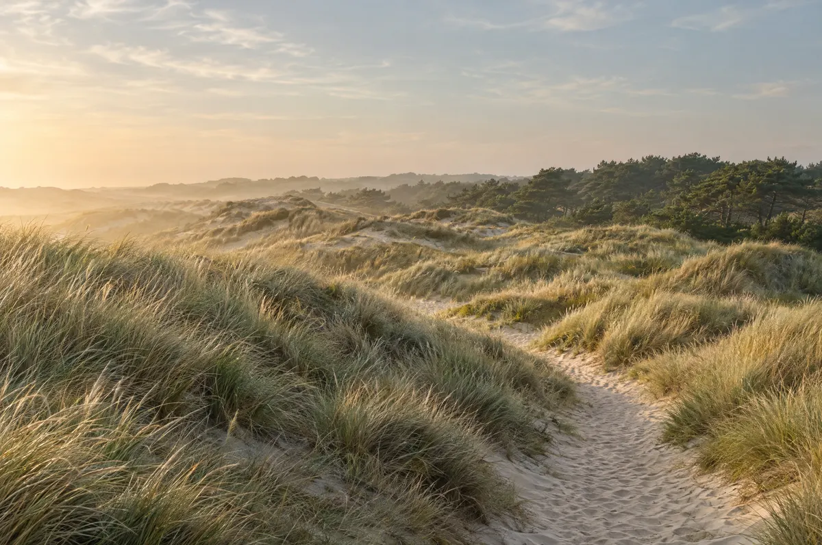 Duinen met helmgras en een zandpad aan de Noord-Hollandse kust in zacht ochtendlicht.