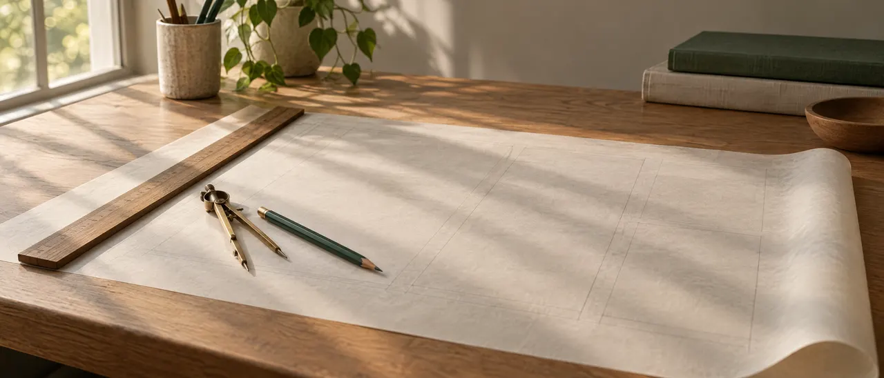 Tekentafel met calqueerpapier, een houten liniaal, een passer en een groen potlood in ochtendlicht.
